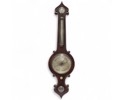 A 19th century mahogany-cased wheel barometer, thermometer and hygrometer, with engraved silvered dials, height100cm.  Ivory 