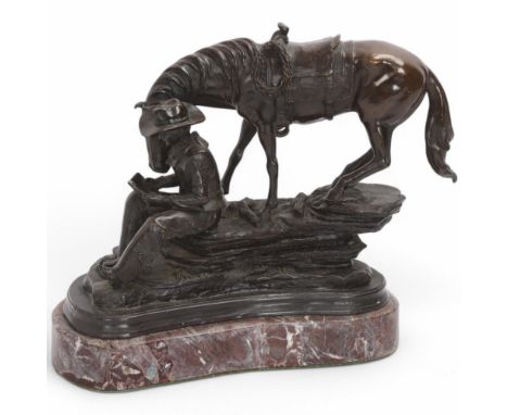 BC Zheng (Chinese), Cowboy Reading with his Horse, after Frederic Remington, patinated bronze sculpture group, signed, BC Zhe