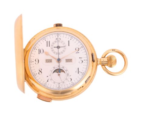 A fine 18ct gold full hunter chronograph minute repeater triple calendar moonphase keyless pocket watch, white enamel dial wi