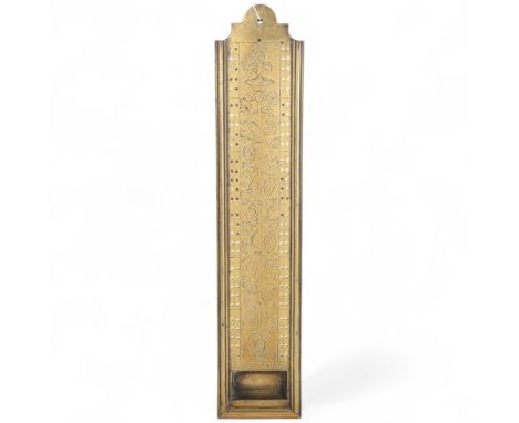 A heavy gauge brass cribbage board, 18th or 19th century, with engraved grapevine decoration, length 45cmGood condition