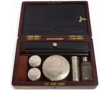 A fine quality 19th century brass-bound mahogany gentleman's travelling toilet set, by Wedgwood & Son, 9 Cornhill London, pre