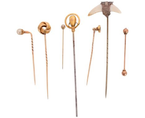 A group of Antique stickpins, including Charles Horner Art Nouveau 9ct hat pin, 18ct knot stickpin (4.1g), diamond stickpin, 
