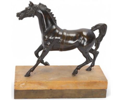A 19th century Italian patinated bronze figure of a horse, unsigned, on Sienna marble base dated 27th April 1833, with  brass