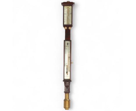 A 19th century mahogany-cased ship's stick barometer and thermometer, by Dobbie of Glasgow, with engraved ivory dials and wei