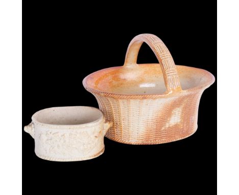 A 19th century Brampton salt glaze stoneware basket, by S & H Briddon, length 20cm, and a small Brampton salt glaze pottery b