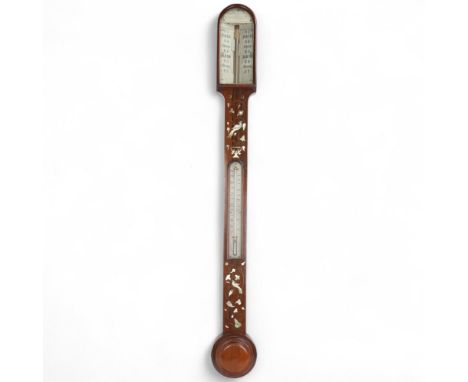 A 19th century rosewood mother-of-pearl and brass marquetry inlaid stick barometer and thermometer, with engraved ivory dials