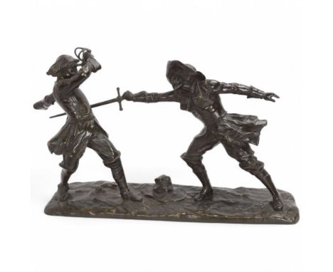 Edouard Drouot (1859 - 1945) - The Sword Fight, a patinated bronze sculpture group, signed, height 26cm, length 40cmNo damage
