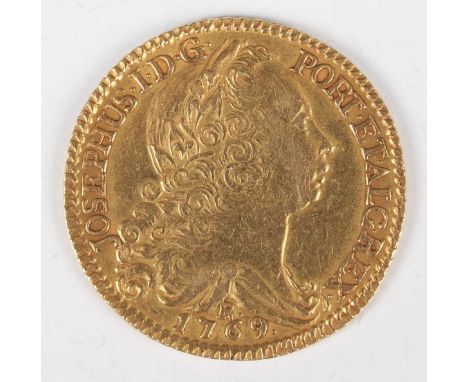 A Brazil gold Joseph I 6400 réis 1769, 'R' below bust for Rio de Janeiro Mint.