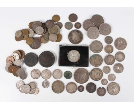 A collection of European and world coins, including a South Africa one shilling 1897, a USA Morgan dollar, Ohio Mint, a Georg