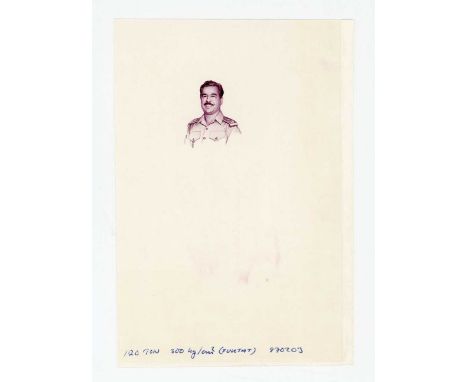 An extremely rare Iraq banknote die proof engraver's test strike portrait vignette of Saddam Hussein in purple, on oversized 