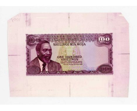 A rare Central Bank of Kenya banknote die proof engraver's test strike for the obverse of a one hundred shillings note, in st