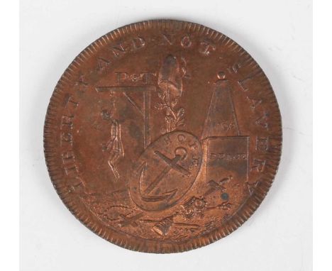 A scarce 18th century London, Piccadilly, London Corresponding Society Skidmore's mule halfpenny token, obverse with man hang