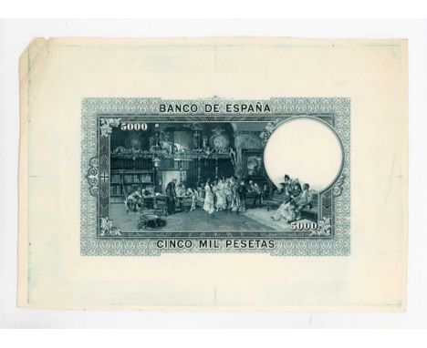 An extremely rare and visually stunning Banco de España progressive die proof engraver's test strike for the reverse of a fiv