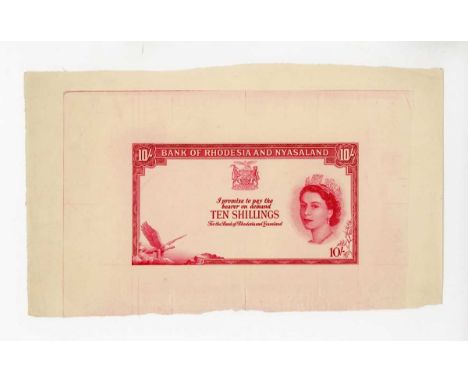 An extremely rare and striking Bank of Rhodesia and Nyasaland partial banknote die proof engraver's test strike for the obver