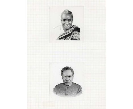 Two rare banknote die proof engraver's test strike portrait vignettes, comprising Bank of Zambia President Kenneth Kaunda in 