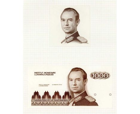 A rare International Bank of Luxembourg partial banknote die proof engraver's test strike for the obverse of a one thousand f