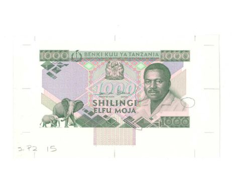 A group of three rare Bank of Tanzania partial/full banknote trial die proof engraver's test strikes for the obverse of a one