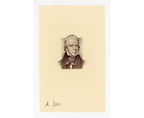 Two extremely rare Bank of Scotland banknote die proof engraver's test strike portrait vignettes of Sir Walter Scott, as used