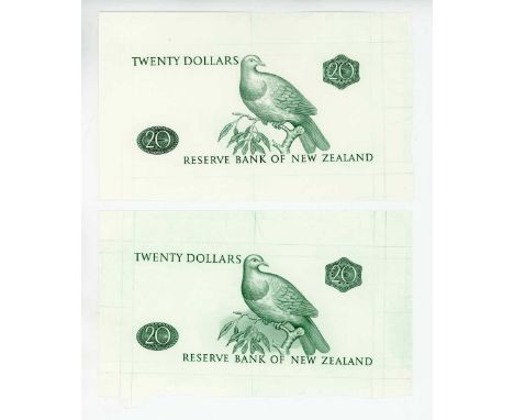 Two Reserve Bank of New Zealand full and partial banknote die proof engraver's test strikes for the reverse of a twenty dolla