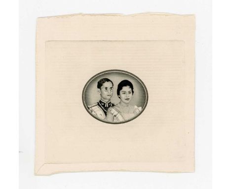 A rare Thailand banknote die proof engraver's test strike portrait vignette of King Rama IX and Queen Sirikit in black (very 