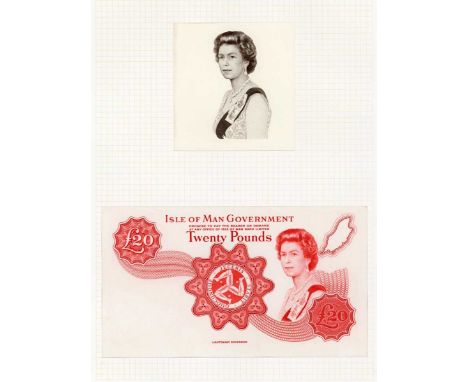 An extremely rare Isle of Man Government partial banknote die proof engraver's test strike for the obverse of a twenty pounds