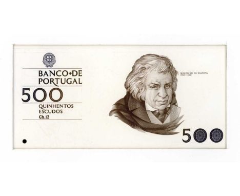A very rare and interesting Banco de Portugal partial banknote die proof engraver's test strike for the obverse of a five hun