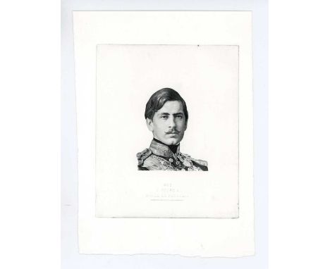 Two striking Bando de Portugal die proof specimen portrait vignettes of Dom Pedro V in military uniform, each in black on ove