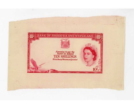 An extremely rare and striking Bank of Rhodesia and Nyasaland partial banknote die proof engraver's test strike for the obver