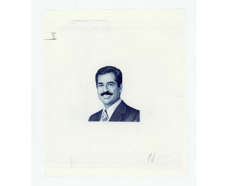 A group of three rare Iraq banknote die proof engraver's test strike portrait vignettes of Saddam Hussein in deep blue, on ov