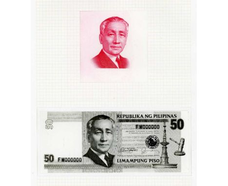 A group of eleven rare Central Bank of the Philippines banknote die proof engraver's test strike portrait vignettes of Presid