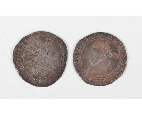 A James I first coinage shilling, second bust type, mintmark thistle, together with a Charles I shilling, Tower Mint, mintmar