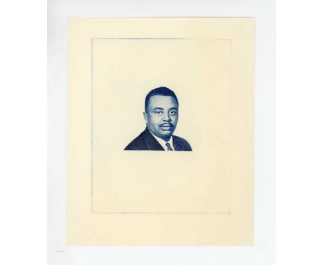 A collection of Bank of Burundi banknote die proof engraver's test strike portrait vignettes of Prince Louis Rwagasore in blu