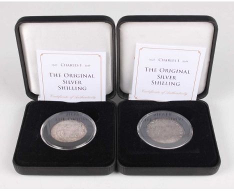Two Jubilee Mint re-presented Charles I hammered silver shillings, comprising Tower Mint, mintmark bell, and Tower Mint under