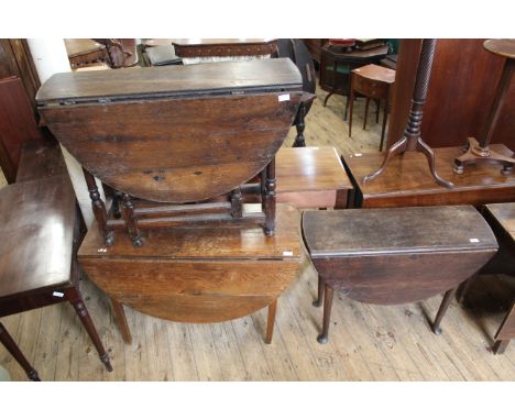 An early 19th Century oak pad foot drop leaf table, a 19th Century drop leaf table (as found) plus an 18th Century oval gate 