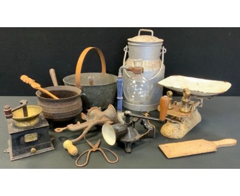 A cast iron cauldron saucepan, preserve pan, Coffee grinder, mincer etc. 