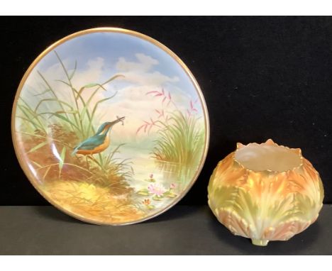 A Royal Worcester blush ivory planter, moulded with leaves, 11cm high; A Copeland cabinet plate, hand painted, Kingfisher, si