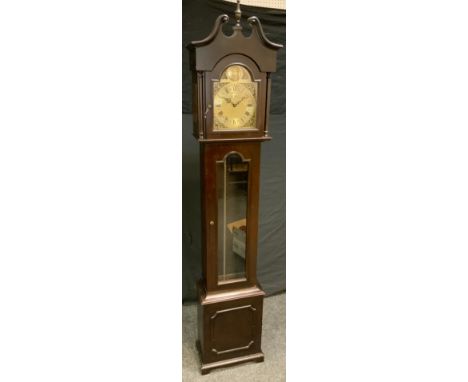 A Bluart longcase clock, brass dial, Roman numerals, oak case, triple weight musical chiming movement, 202cm high, 39cm wide,