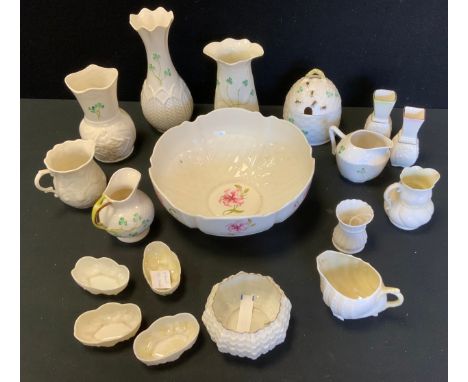 Belleek Irish Porcelain  - a beehive honey pot;  wavy rim trumpet vase;  Celtic vase, jugs, fruit bowl, table salts etc (18) 