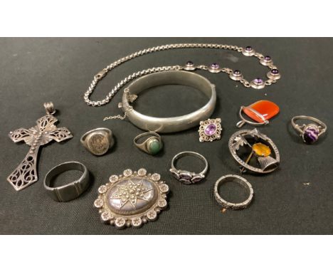 Silver Jewellery - a 925 silver purple cabochon seven panel necklace;  hollow hinge bangle;  brooches, rings, cross pendant, 