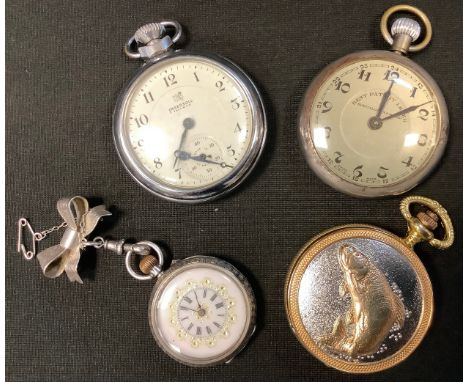 A ladies silver open face fob watch, ornate dial and case, Roman numerals, button wind movement, suspended from a tied Ribbon