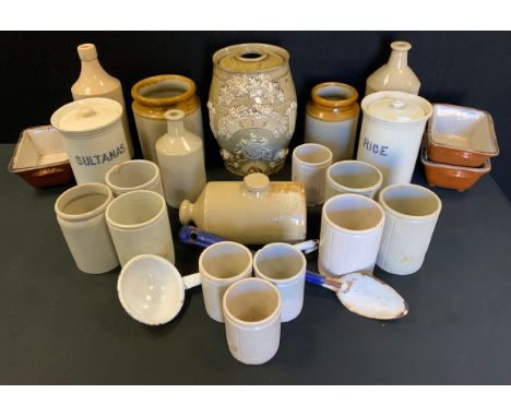 A 19th century gin stoneware barrel, a collection of stoneware jars. 