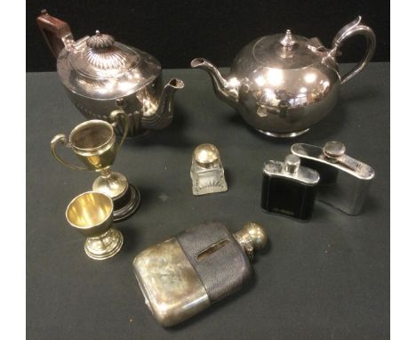 Silver &amp;  Silver plate  - a silver plated glass hip flask, others;  silver topped inkwell;  globular teapot etc 