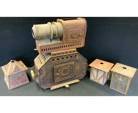 A magic lantern projector,  three Arts &amp; Crafts style lanterns etc 