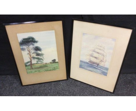 Edgar Holloway, Clipper and Full Sail, signed, dated 29, watercolour, 35cm x 25.5cm;  another Scotch Firs Nr Doncaster, signe