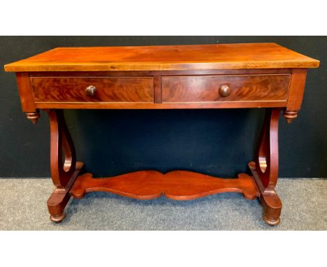 A Victorian Mahogany Console Table, rectangular top, over a pair of short drawers, lyre-shaped supports, turned feet, c.1880-