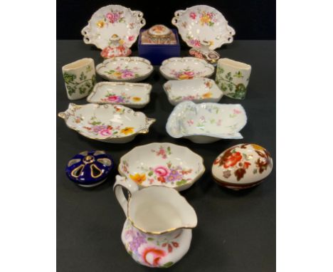 Royal Crown Derby Honeysuckle pattern oval trinket box and cover,  posies jug, pair of bonbon dishes,  pin trays etc;  Royal 