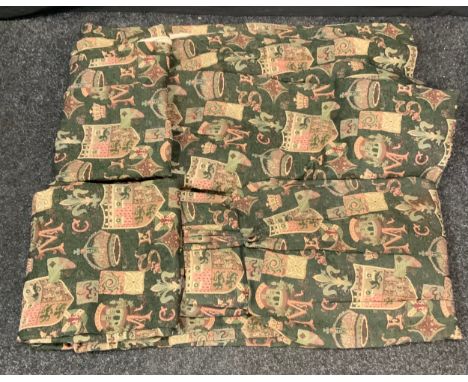 A pair of Medieval style tapestry curtains, in tones of green and pink with coat of arms, fleur de lys and crowns, each 260cm