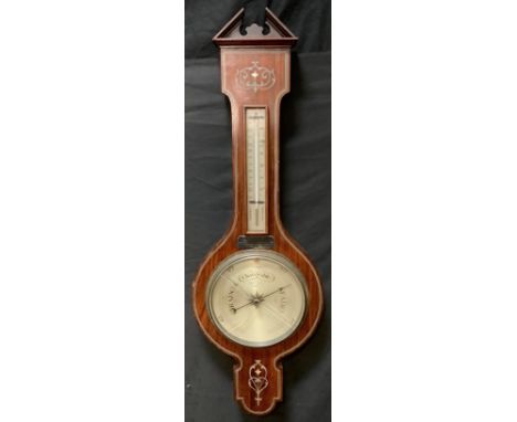 A 1920s local interest inlaid rosewood barometer thermometer, inlaid with mother-of-pearl, silvered scale, Presented to B Hug