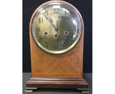 A late 19th century Junghans inlaid mahogany domed bracket clock, brass dial, Arabic Numerals, eight day musical chiming move