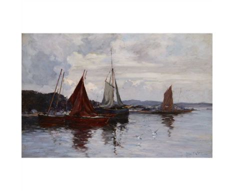 Joseph Milne (Scottish 1857-1911)  Fishing boats in harbour Signed, oil on canvas (Dimensions: 51cm x 76cm (20in x 30in))(51c